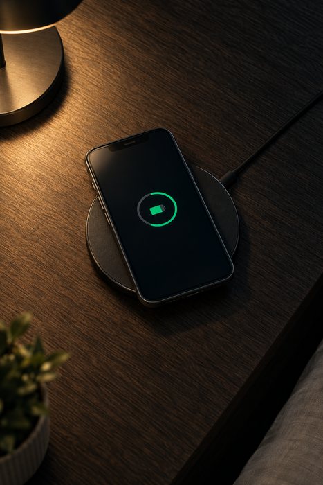 A phone resting on a round wireless charging pad on a dark wood surface.