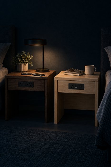Two bedside tables standing side by side in a dim bedroom.
