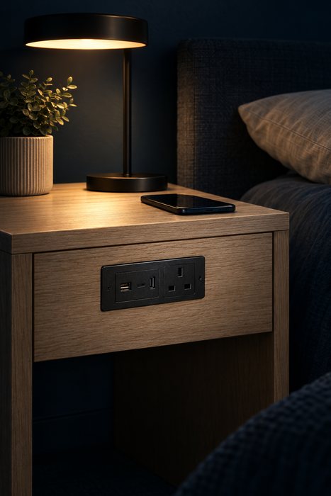 A pale oak bedside table at night with a charging plate set into the front.