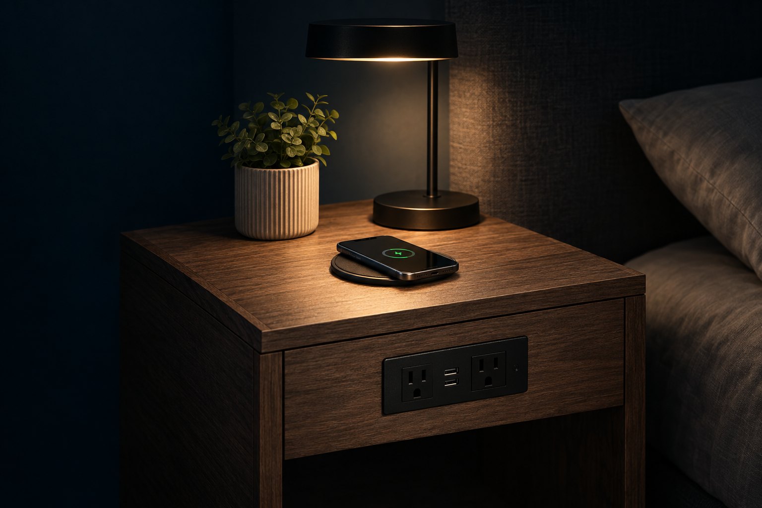 A dark wood bedside table at night lit by a small lamp, with a phone resting on a wireless charging pad and an outlet plate set into the front carrying two USB ports and two wall sockets.